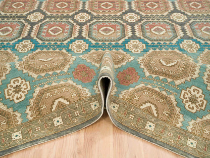 Green 10'0" x 14'0" Transitional Hand knotted Wool Rug - Sku: O065539