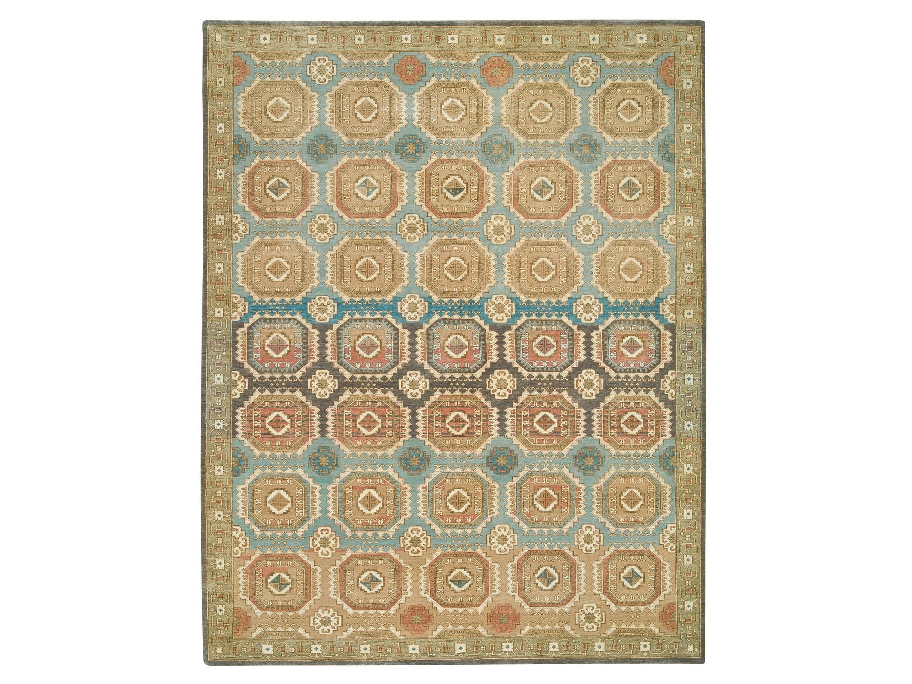 Transitional hand-knotted wool rug in Green & Olive Green, 9'1" x 12'1" — SKU O065543