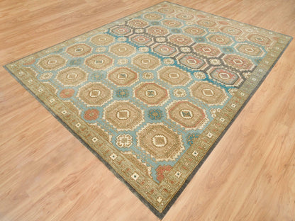 Green 9'1" x 12'1" Transitional Hand knotted Wool Rug - Sku: O065543