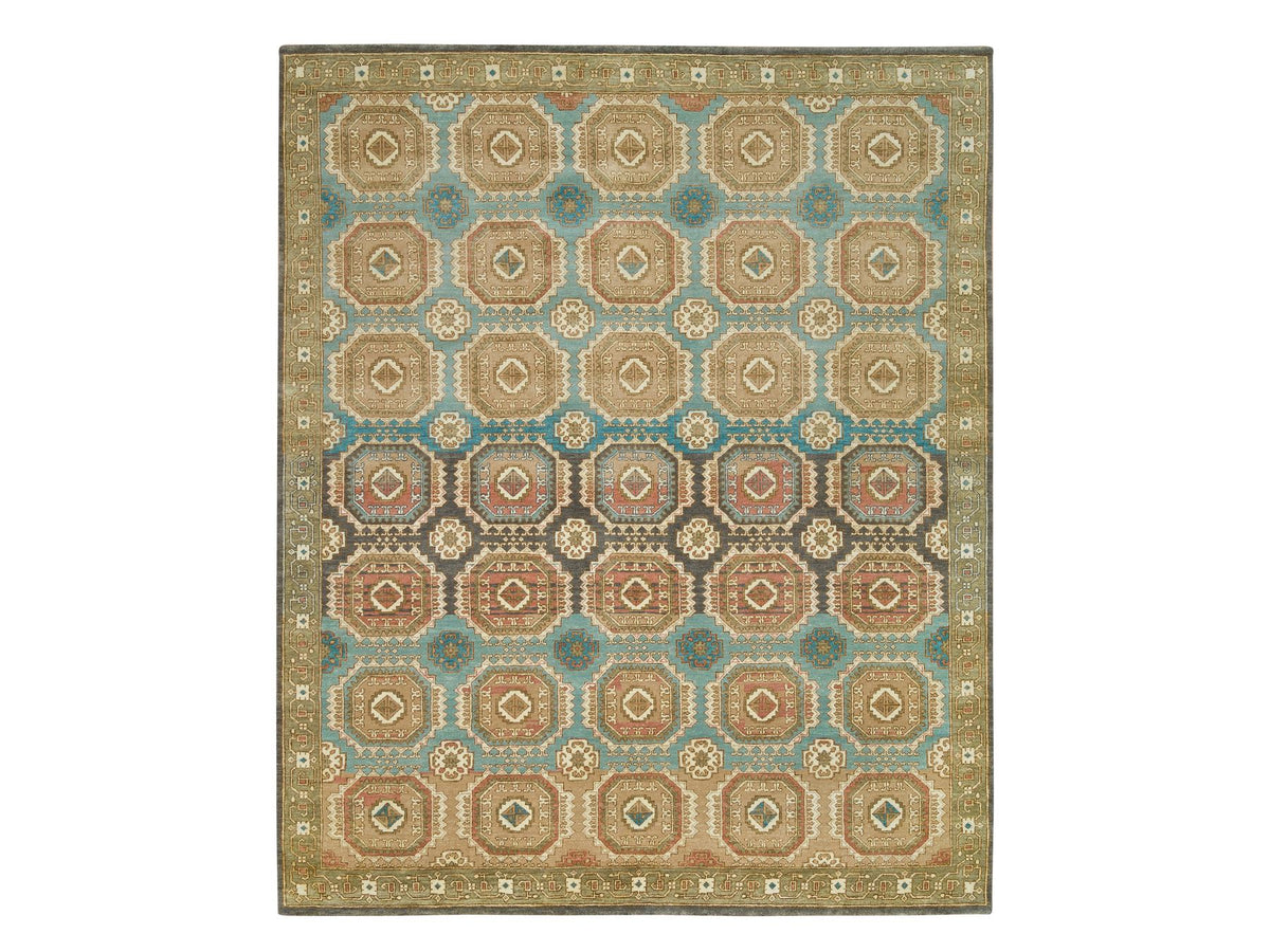 Transitional hand-knotted wool rug in Green & Olive Green, 8'3" x 10' — SKU O065545