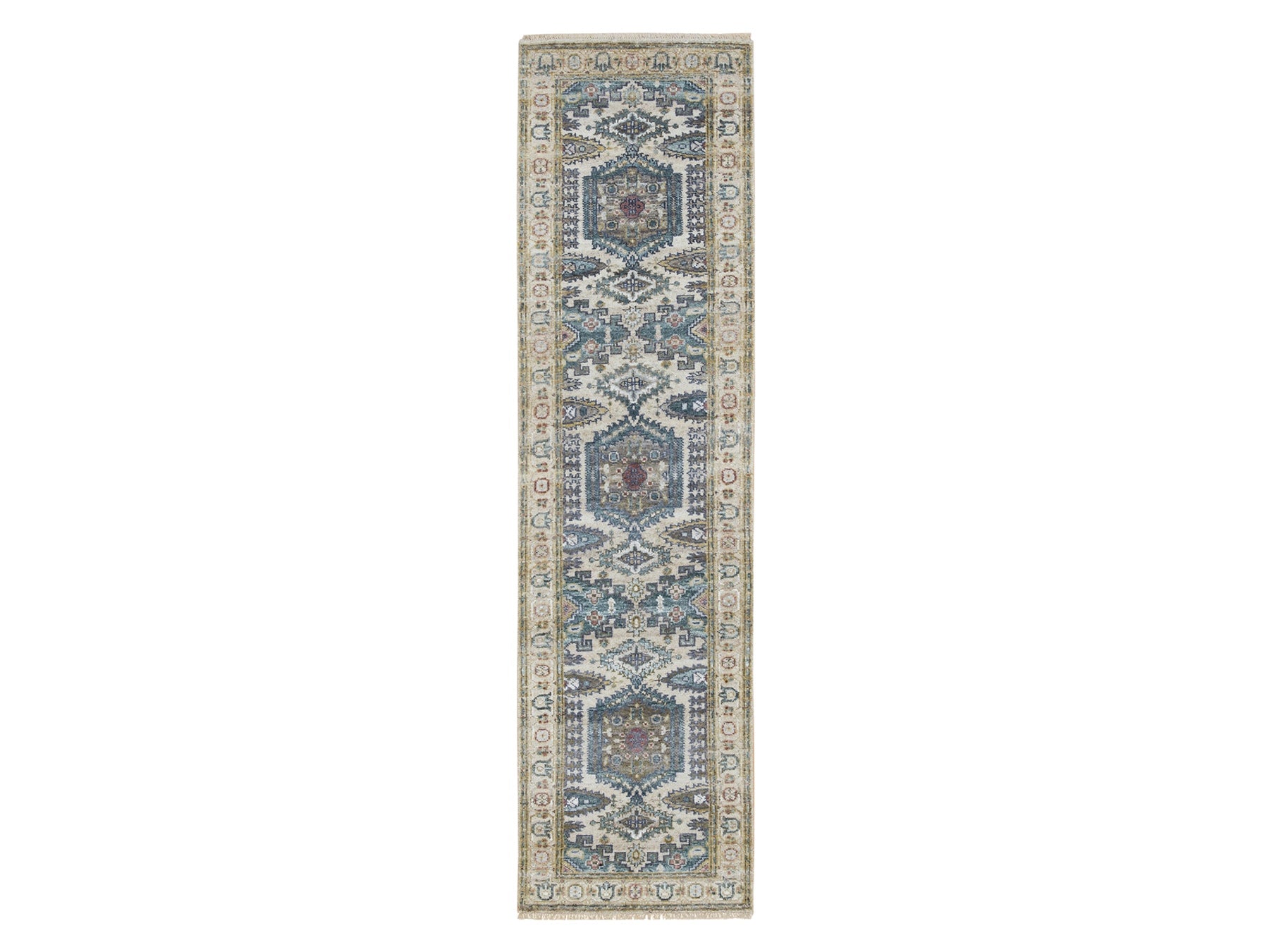 Tribal & Geometric hand-knotted wool runner in Ivory, 2'6" x 9'10" — SKU O065573