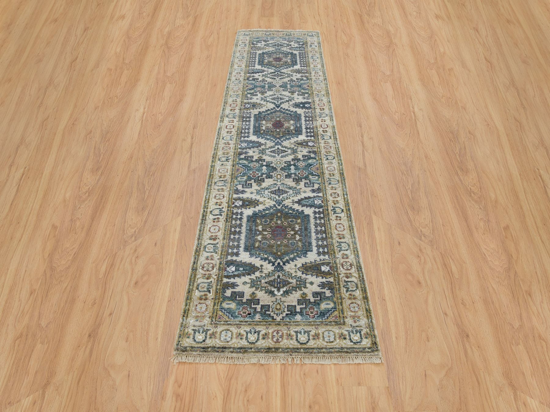 Ivory 2'6" x 9'10" Tribal Hand knotted Wool Rug - Sku: O065573