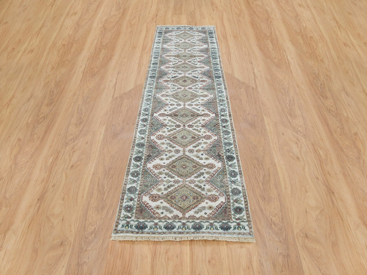 Shiraz Tribal & Geometric hand-knotted wool runner in Ivory, 2'7" x 9'9" — SKU O065574 (view 2)