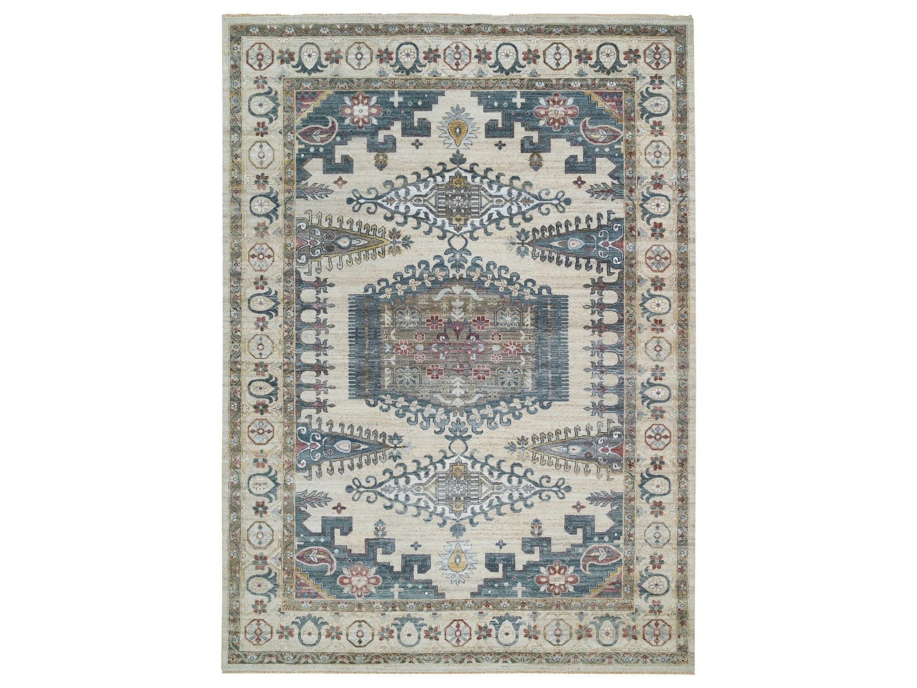 Tribal & Geometric hand-knotted wool rug in Ivory, 10' x 14' — SKU O065595