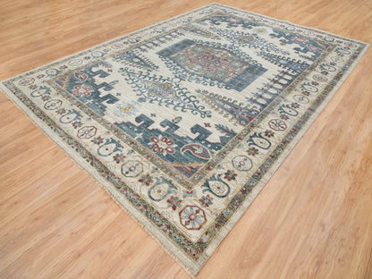 Tribal & Geometric hand-knotted wool rug in Ivory, 10' x 14' — SKU O065595 (view 3)