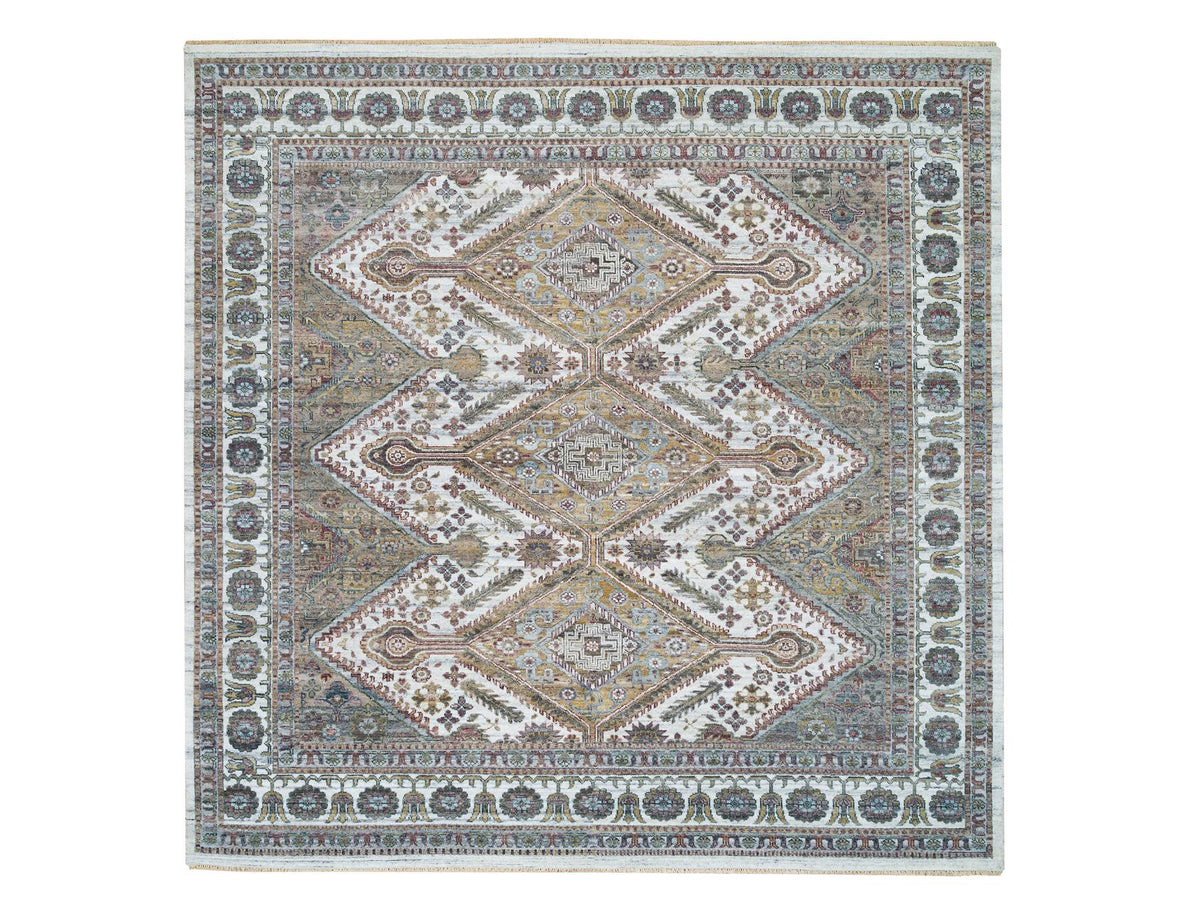 Shiraz Tribal & Geometric hand-knotted wool rug in Ivory, 9'10" x 10' — SKU O065618