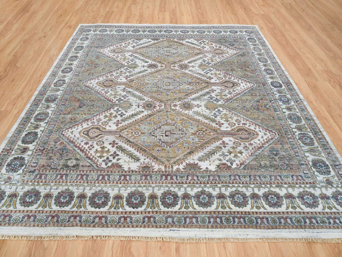 Shiraz Tribal & Geometric hand-knotted wool rug in Ivory, 9'10" x 10' — SKU O065618 (view 2)