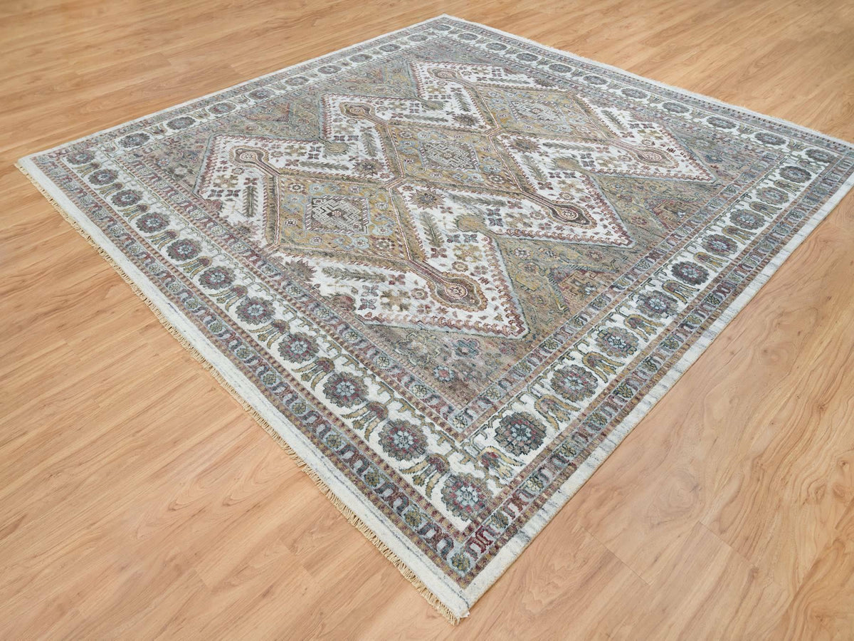 Shiraz Tribal & Geometric hand-knotted wool rug in Ivory, 9'10" x 10' — SKU O065618 (view 3)