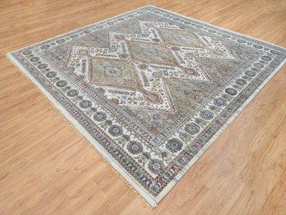 Shiraz Tribal & Geometric hand-knotted wool rug in Ivory, 9'10" x 10' — SKU O065618 (view 3)