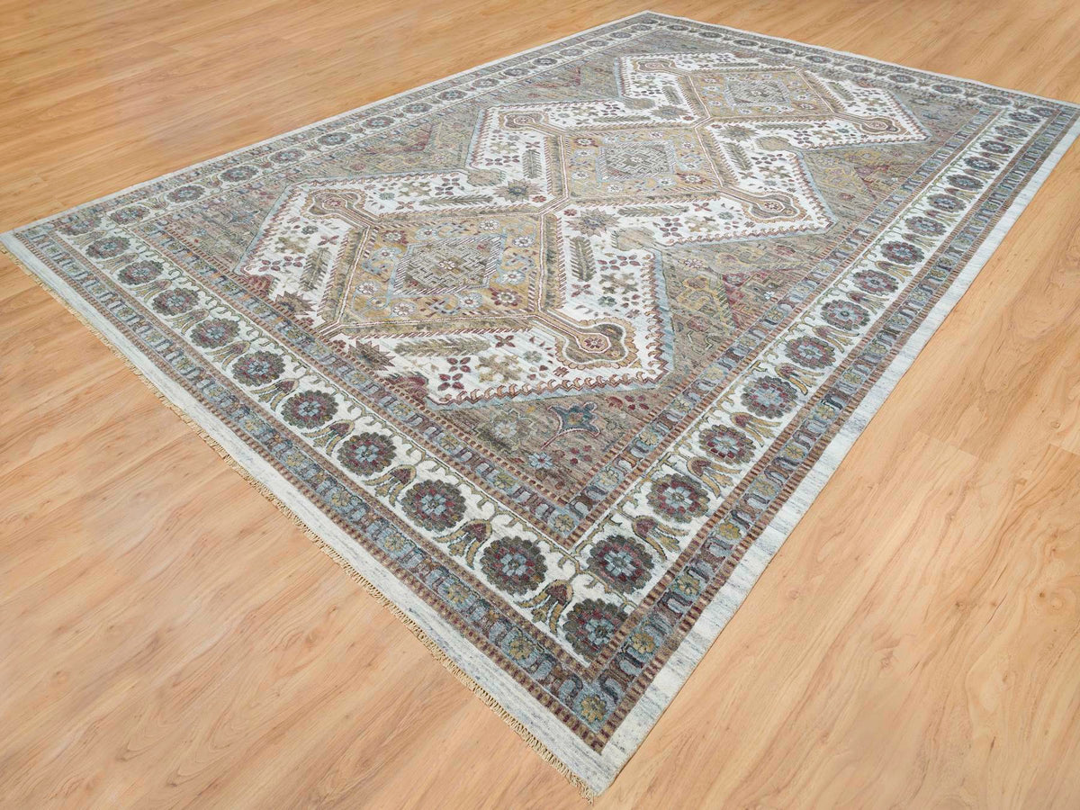 Shiraz Tribal & Geometric hand-knotted wool rug in Ivory, 12' x 17'10" — SKU O065621 (view 3)