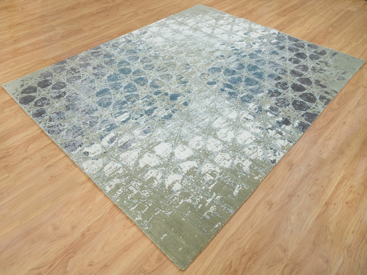 Modern / Contemporary hand-knotted wool/silk rug in Blue, 8' x 9'10" — SKU O065625 (view 3)