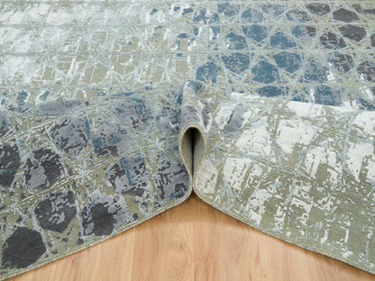 Blue 8'0" x 9'10" Modern and Contemporary Hand knotted Wool/Silk Rug - Sku: O065625