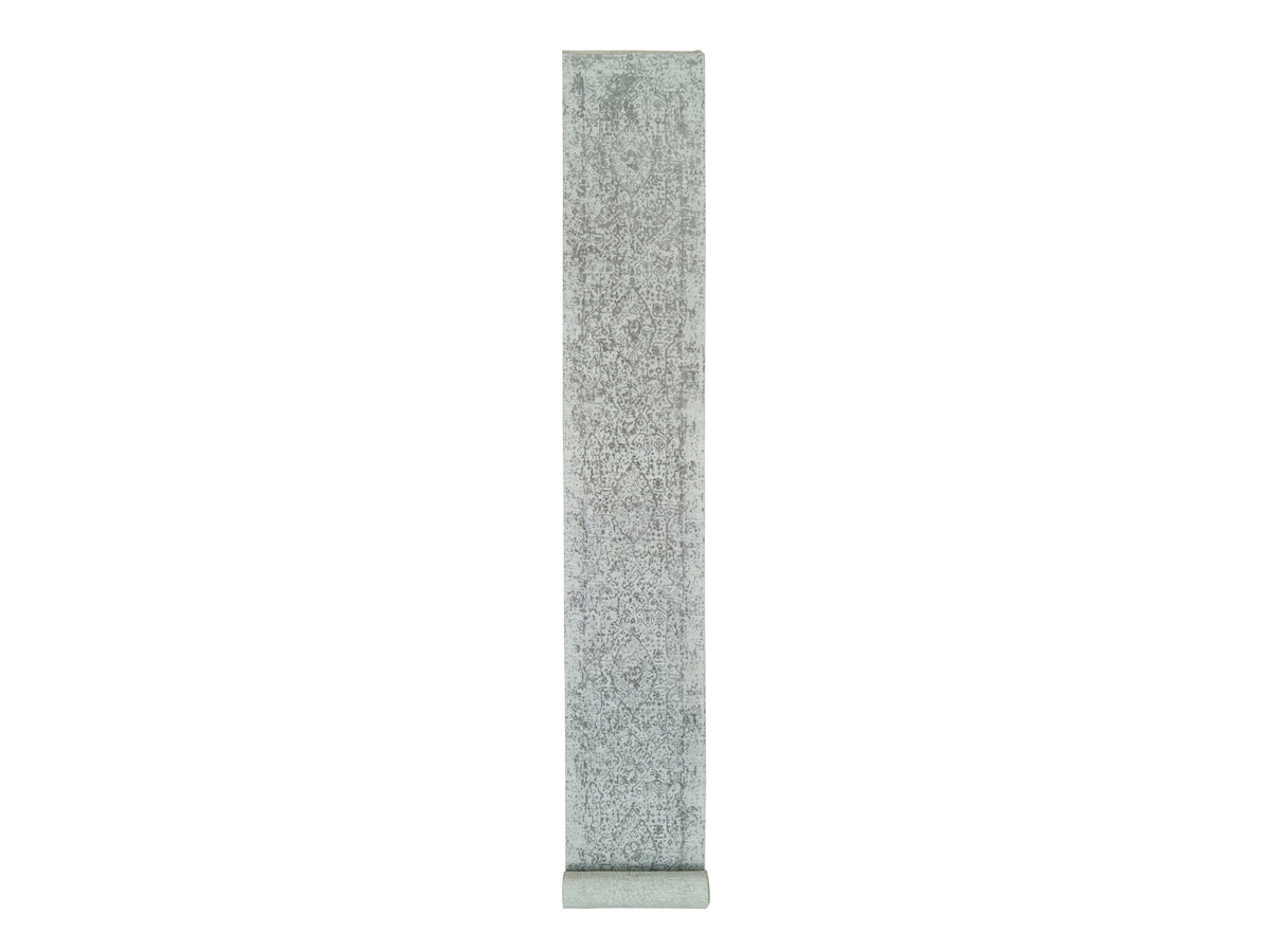 Transitional hand-knotted wool/silk runner in Gray, 2'5" x 22' — SKU O065628