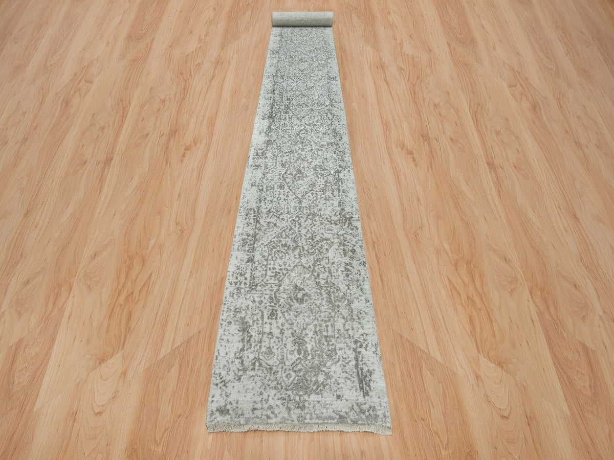 Transitional hand-knotted wool/silk runner in Gray, 2'5" x 22' — SKU O065628 (view 2)