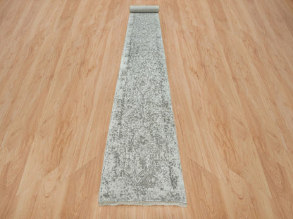 Transitional hand-knotted wool/silk runner in Gray, 2'5" x 22' — SKU O065628 (view 2)