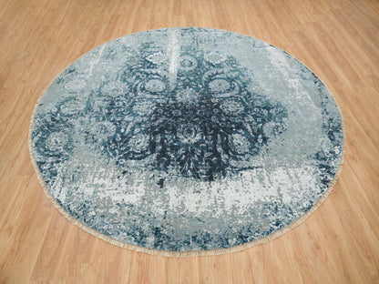 Blue 9'10" x 9'10" Transitional Hand knotted Wool/Silk Rug - Sku: O065630