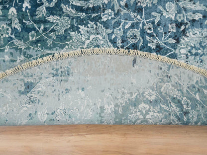 Blue 9'10" x 9'10" Transitional Hand knotted Wool/Silk Rug - Sku: O065630