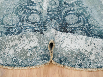 Blue 9'10" x 9'10" Transitional Hand knotted Wool/Silk Rug - Sku: O065630