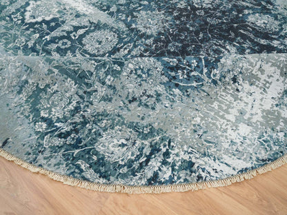 Blue 9'10" x 9'10" Transitional Hand knotted Wool/Silk Rug - Sku: O065630