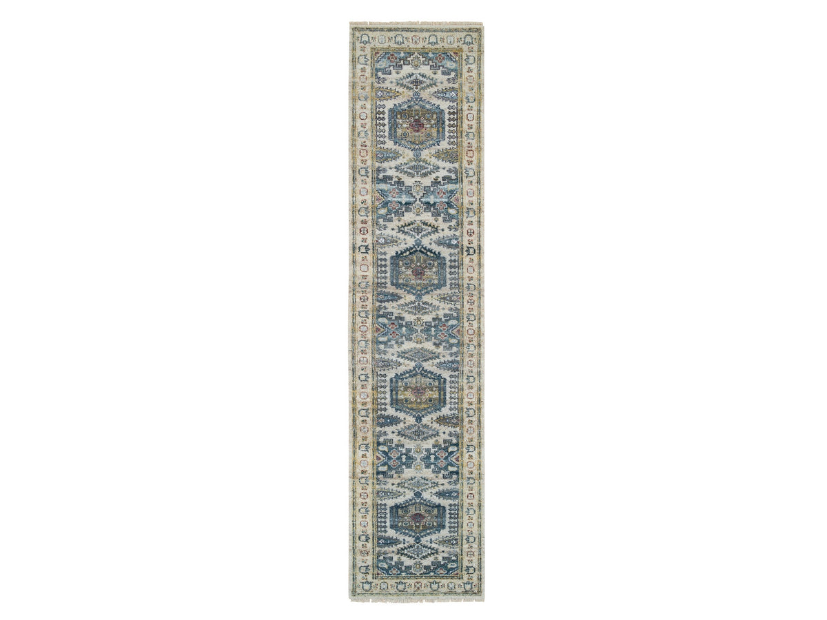 Tribal & Geometric hand-knotted wool runner in Ivory, 2'7" x 11'10" — SKU O065634
