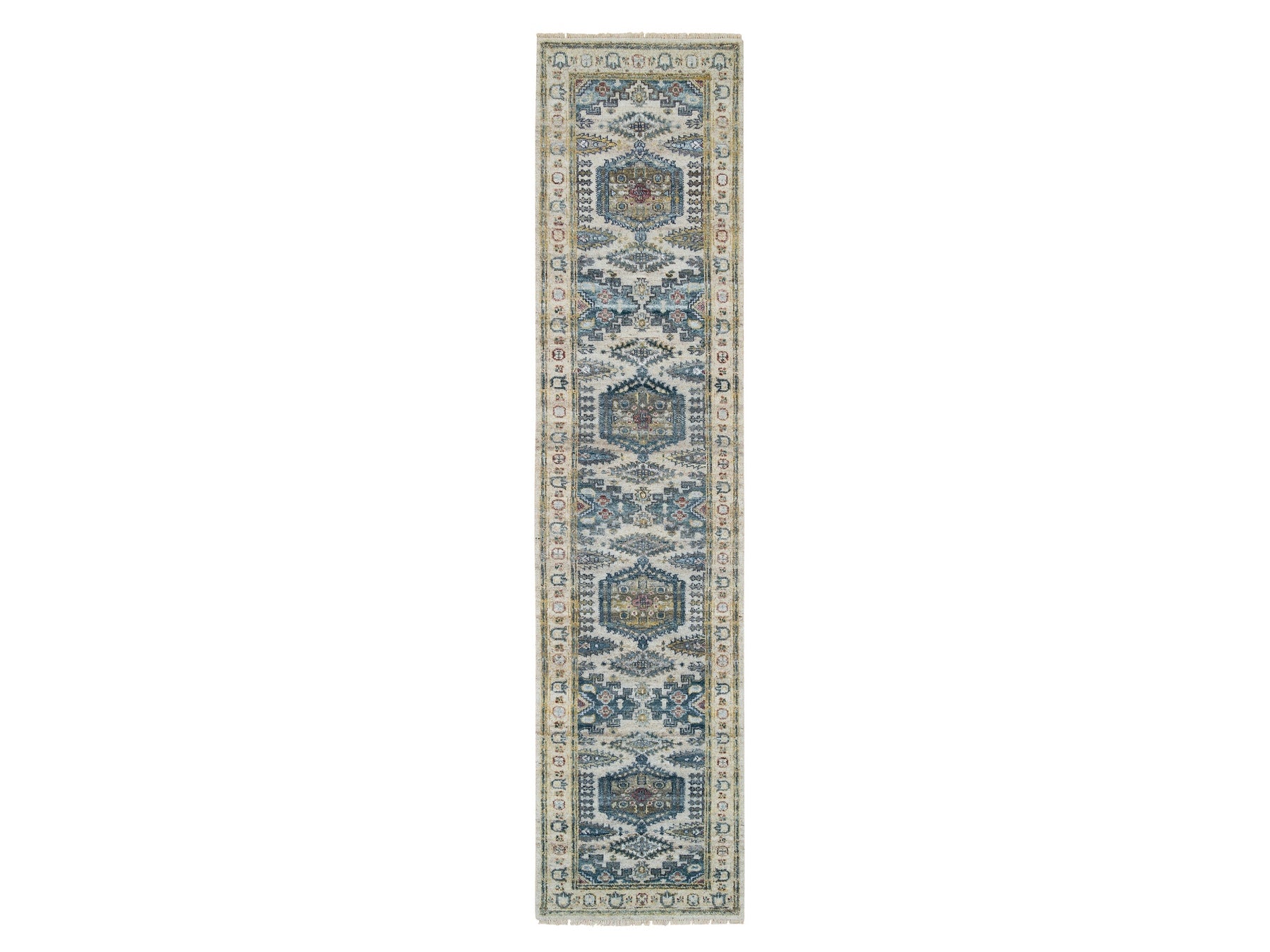 Tribal & Geometric hand-knotted wool runner in Ivory, 2'7" x 11'10" — SKU O065634