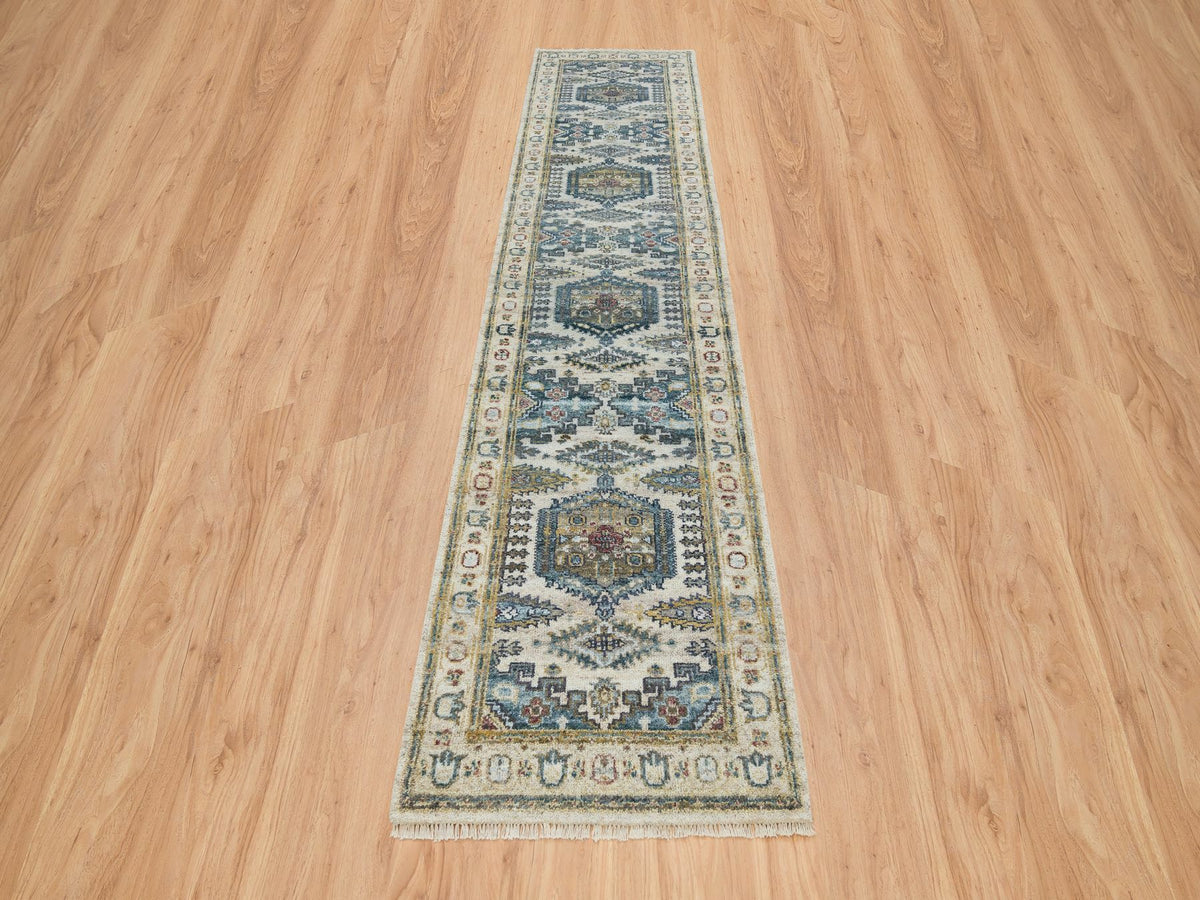 Tribal & Geometric hand-knotted wool runner in Ivory, 2'7" x 11'10" — SKU O065634 (view 2)