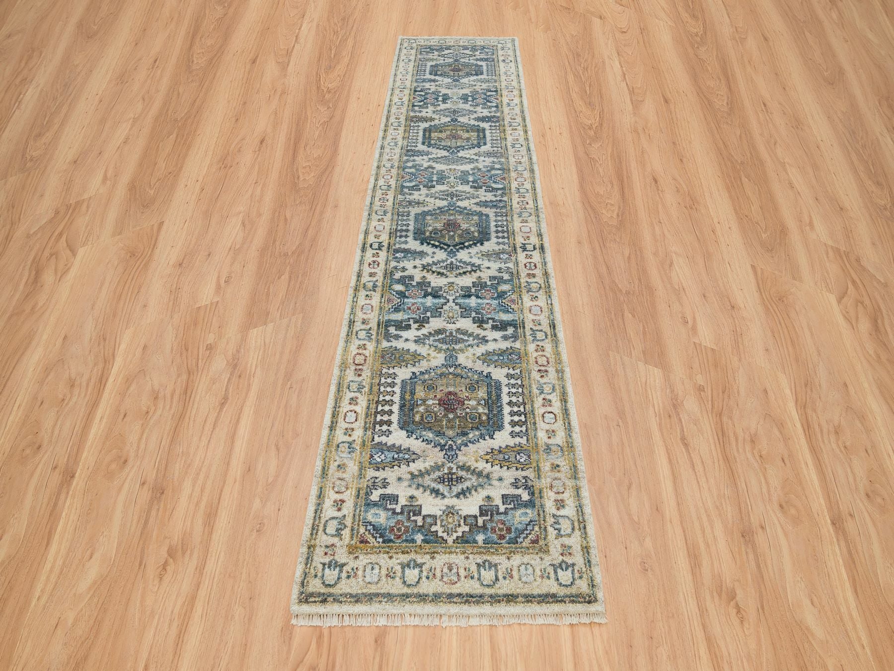 Tribal & Geometric hand-knotted wool runner in Ivory, 2'7" x 11'10" — SKU O065634 (view 2)