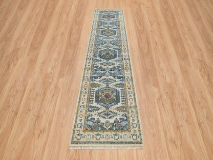 Tribal & Geometric hand-knotted wool runner in Ivory, 2'7" x 11'10" — SKU O065634 (view 2)
