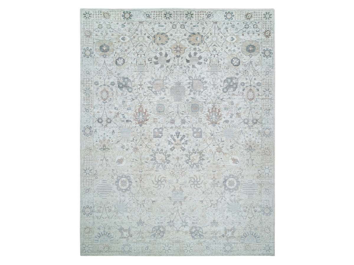 Tabriz Transitional hand-knotted silk rug in Ivory, 12' x 15'5" — SKU O065683