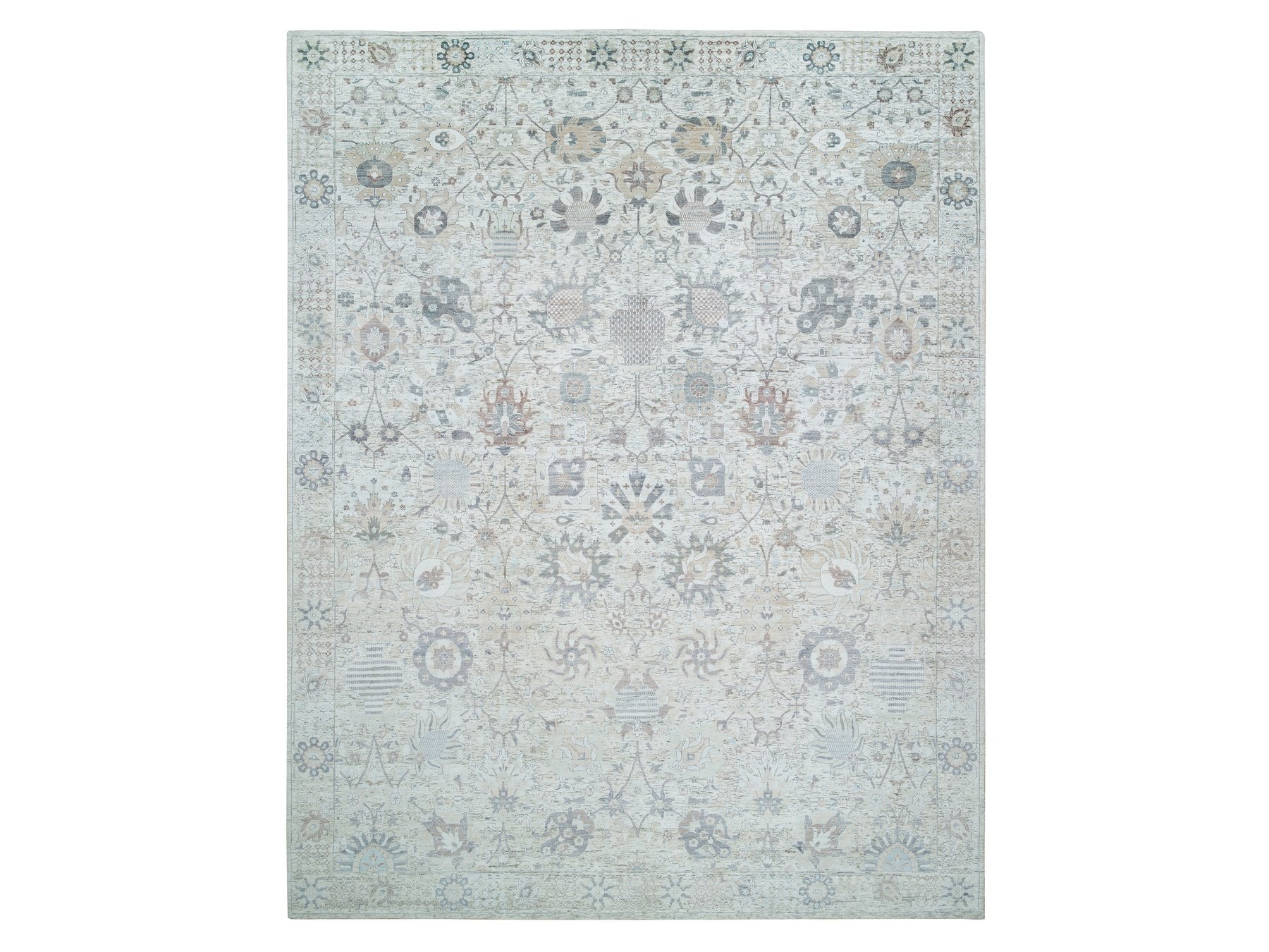 Tabriz Transitional hand-knotted silk rug in Ivory, 12' x 15'5" — SKU O065683