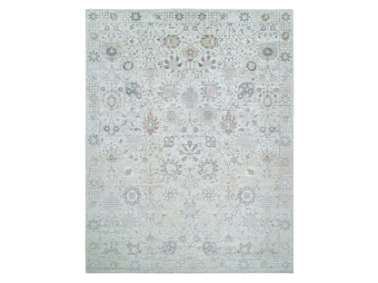 Tabriz Transitional hand-knotted silk rug in Ivory, 12' x 15'5" — SKU O065683