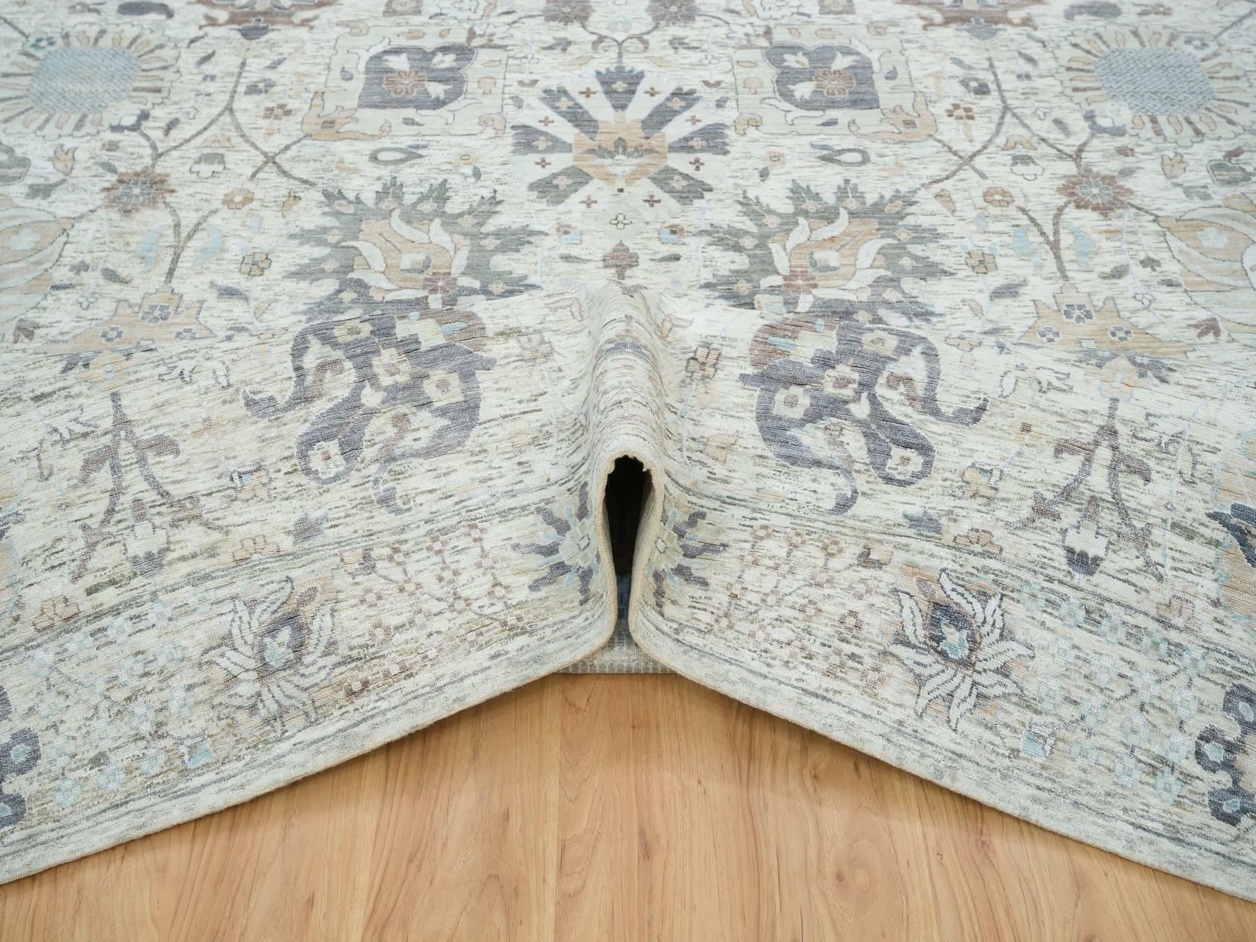 Tabriz Transitional hand-knotted silk rug in Ivory, 12' x 15'5" — SKU O065683 (view 5)