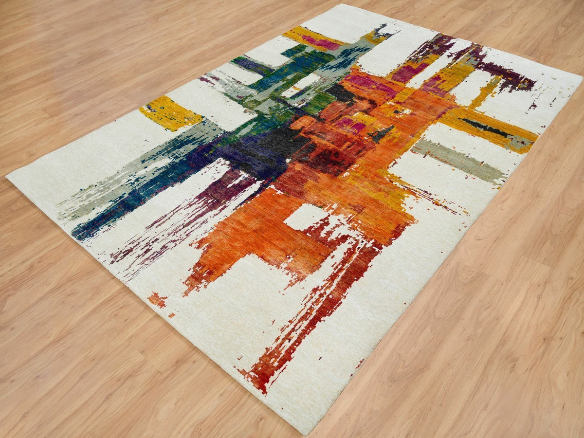 Modern / Contemporary hand-knotted wool/silk rug in Multicolored, 5'10" x 9'1" — SKU O065691 (view 3)