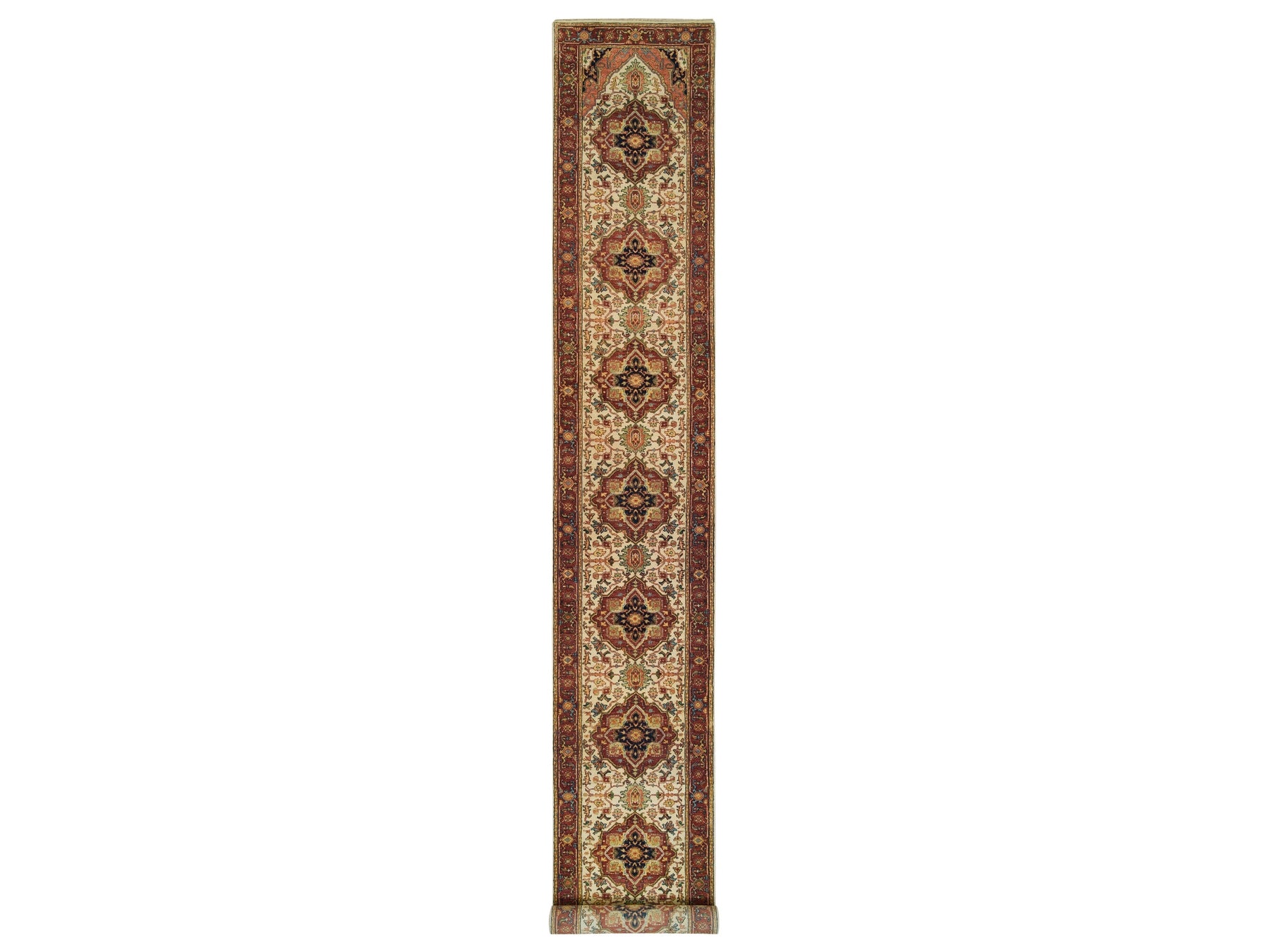Heriz Heriz hand-knotted wool runner in Ivory & Red, 2'7" x 20' — SKU O065709