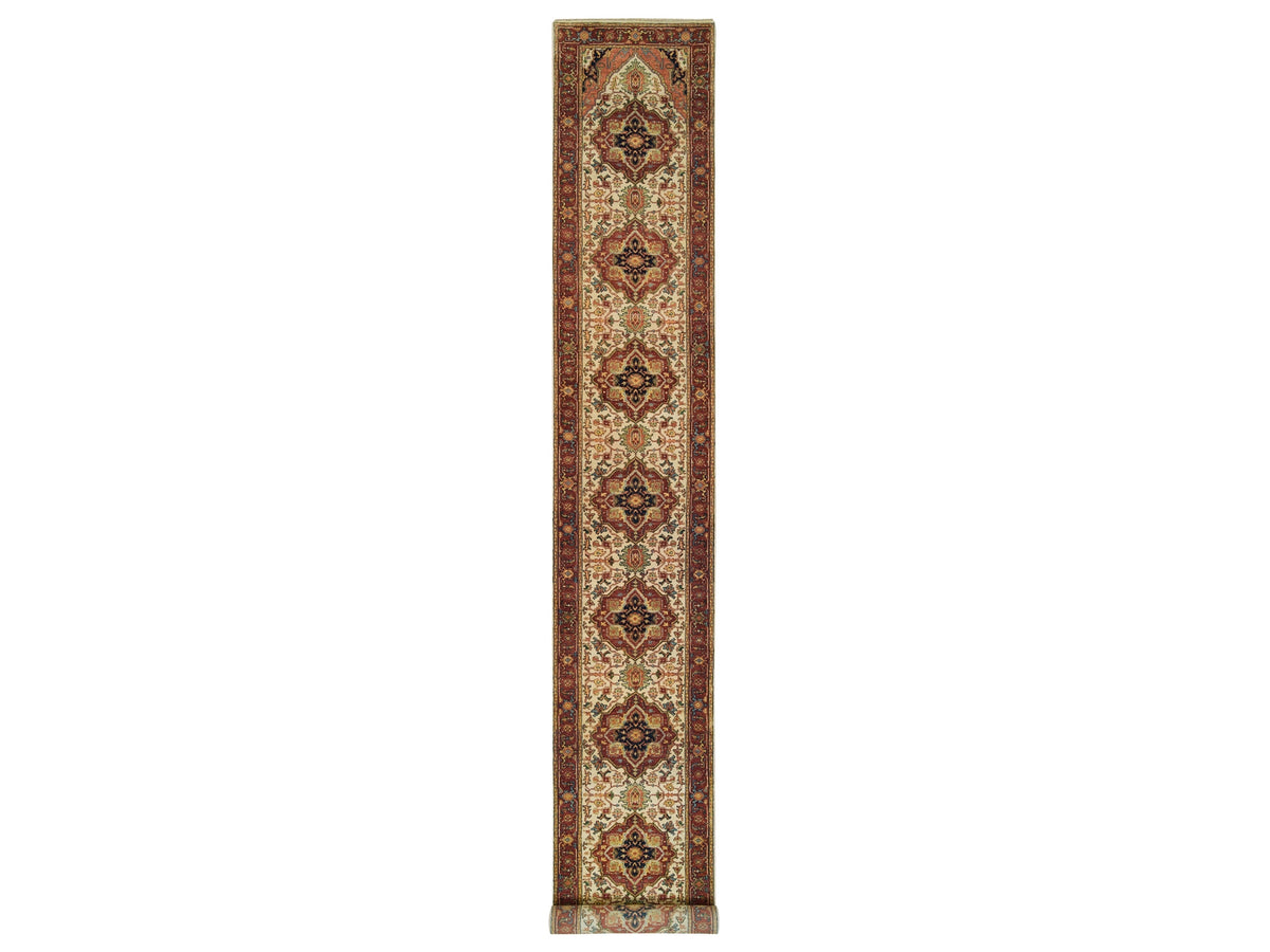 Heriz Heriz hand-knotted wool runner in Ivory & Red, 2'7" x 20' — SKU O065709