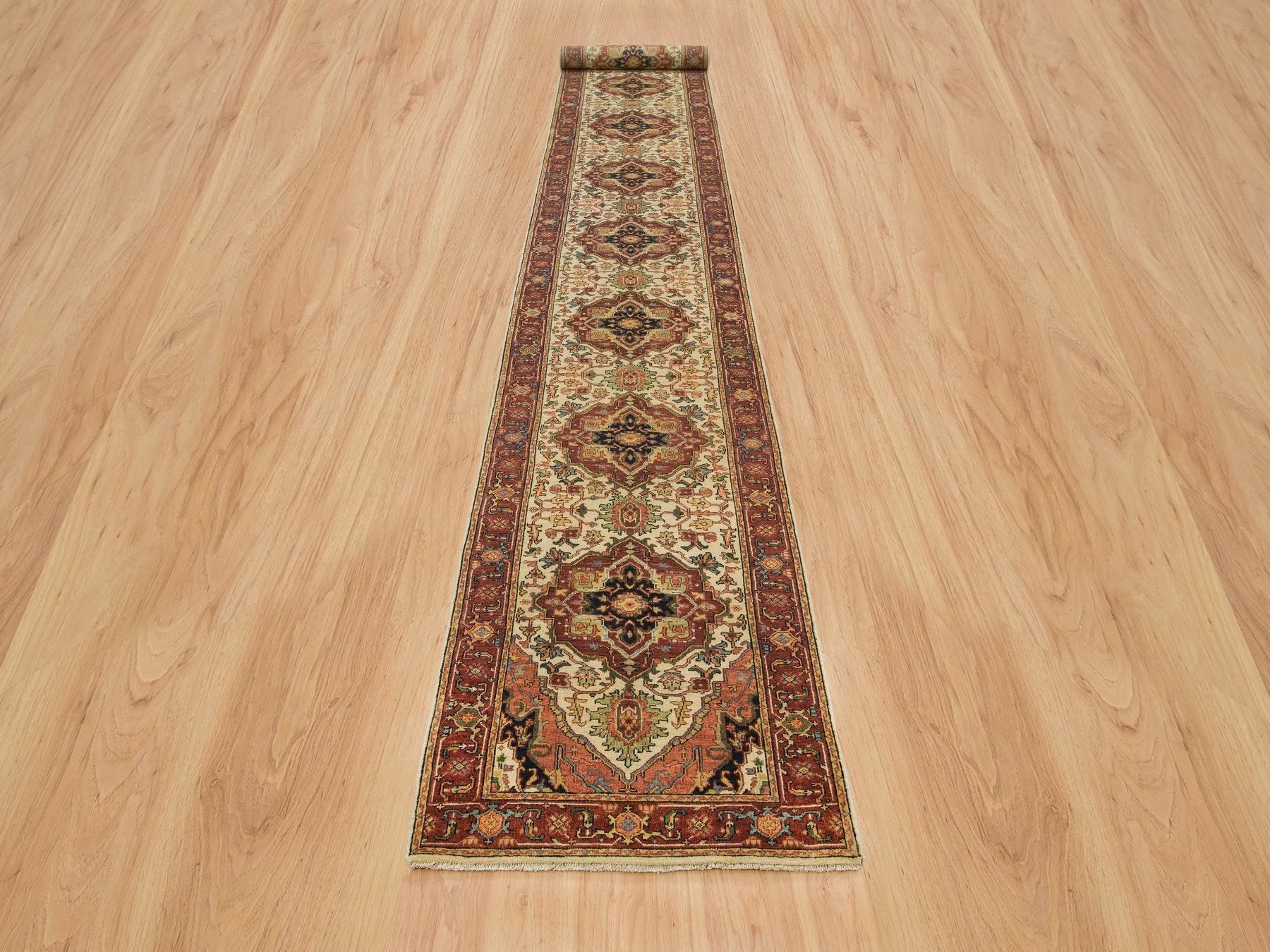 Heriz Heriz hand-knotted wool runner in Ivory & Red, 2'7" x 20' — SKU O065709 (view 2)