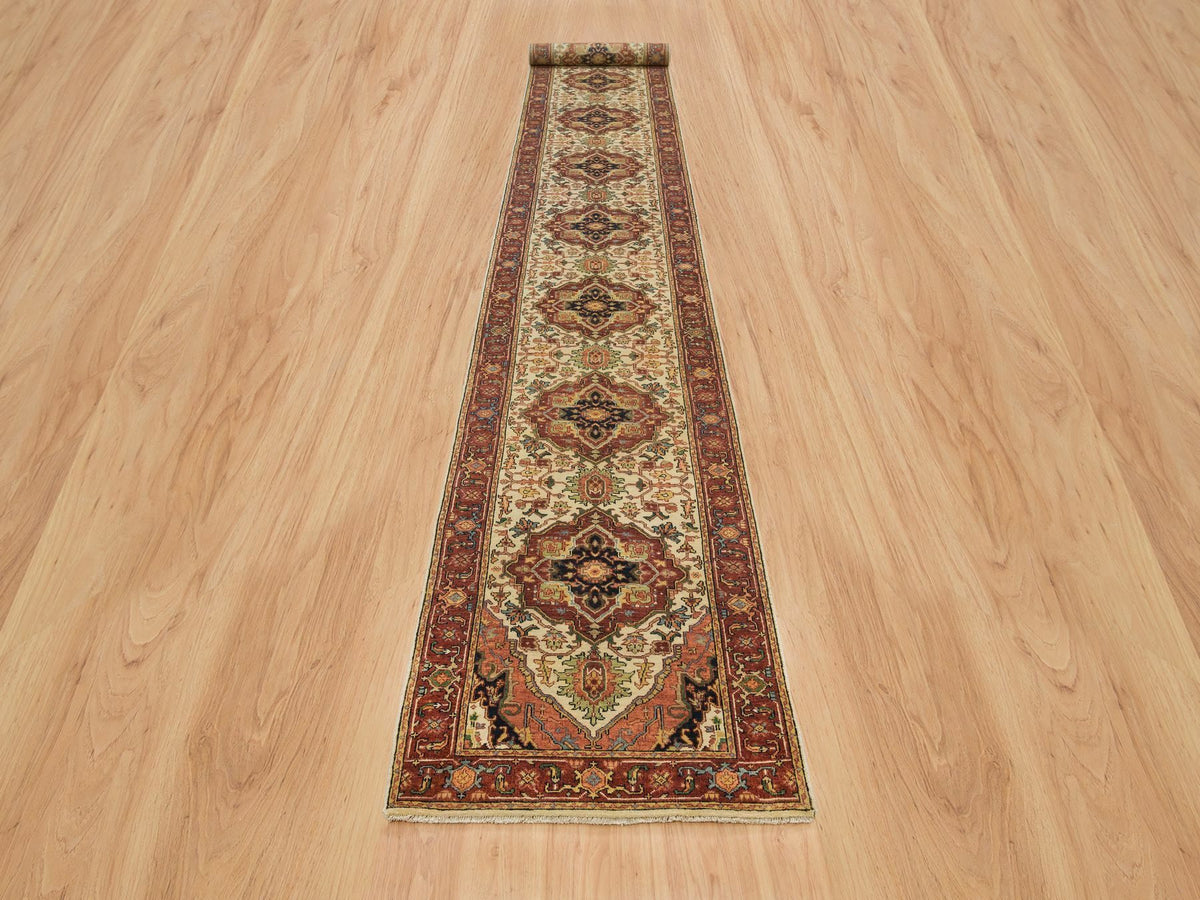 Heriz Heriz hand-knotted wool runner in Ivory & Red, 2'7" x 20' — SKU O065709 (view 2)
