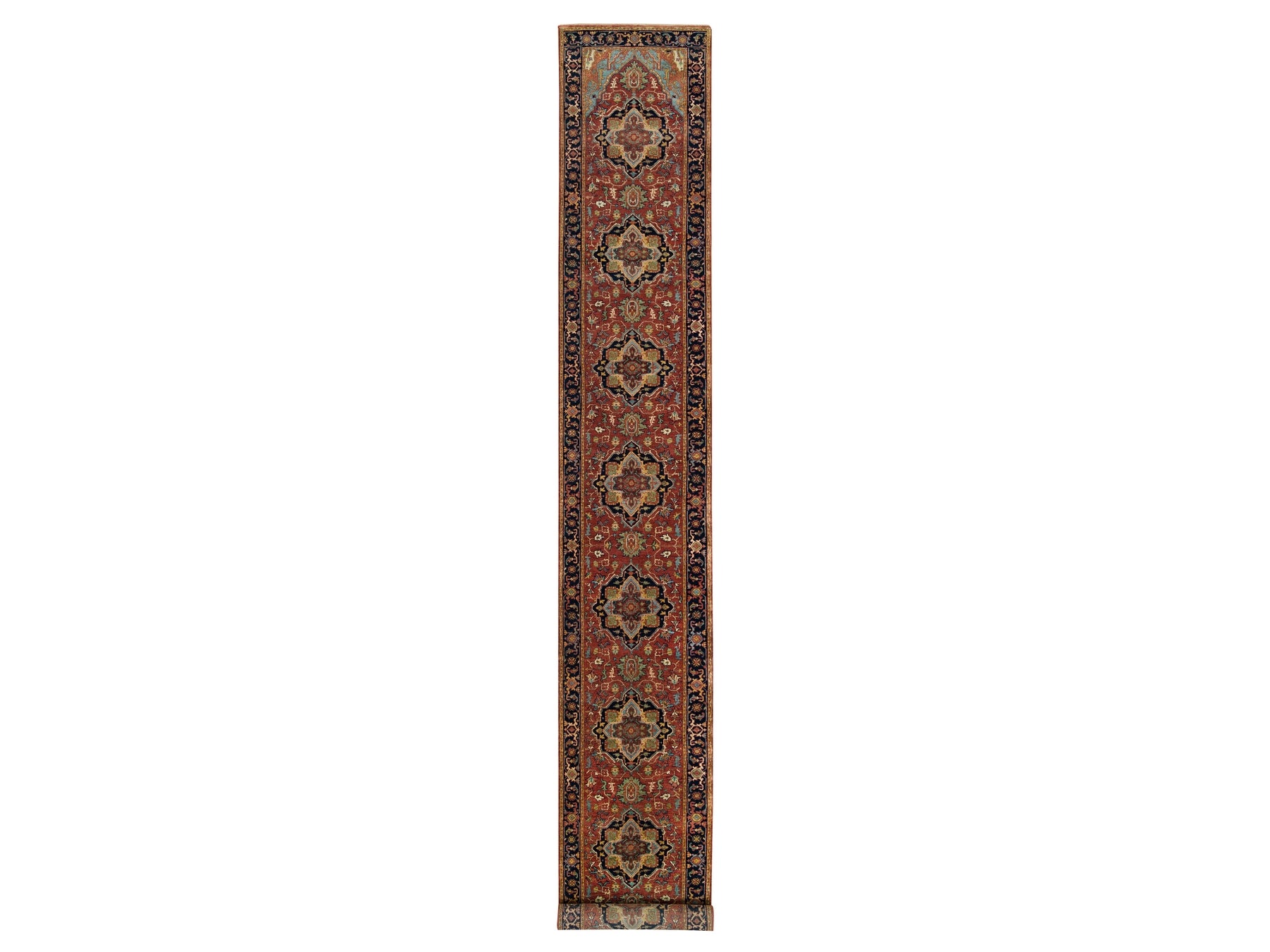 Heriz Heriz hand-knotted wool runner in Red & Navy Blue, 2'6" x 18' — SKU O065712
