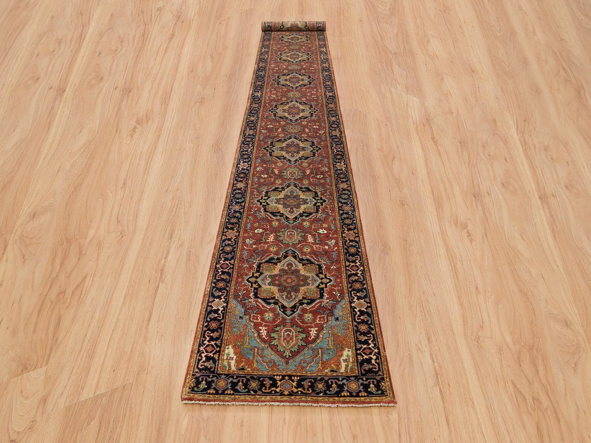 Heriz Heriz hand-knotted wool runner in Red & Navy Blue, 2'6" x 18' — SKU O065712 (view 2)