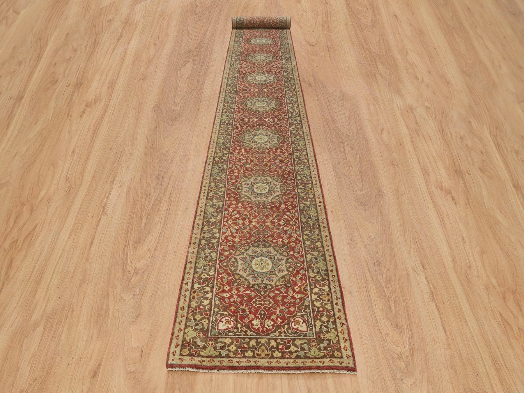 Tabriz Fine Oriental hand-knotted wool runner in Red & Brown, 2'7" x 20'1" — SKU O065729 (view 2)