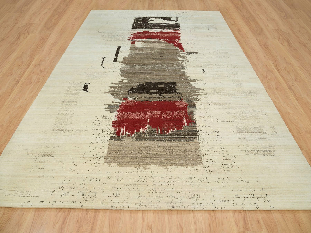Gabbeh Modern / Contemporary hand-knotted wool rug in Ivory, 9'6" x 13'4" — SKU O065771 (view 2)