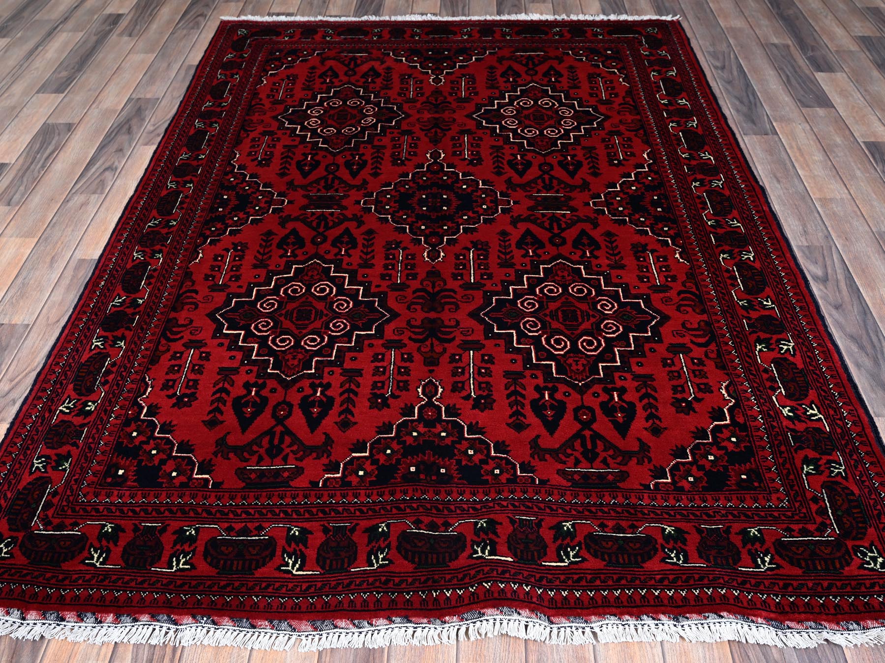 Tribal & Geometric hand-knotted wool rug in Red, 5' x 7' — SKU O0657 (view 2)