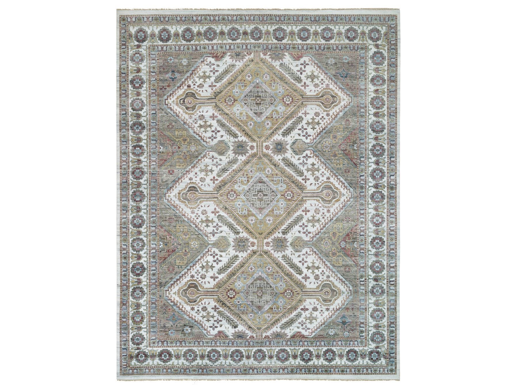 Shiraz Tribal & Geometric hand-knotted wool rug in Ivory & Whisper White, 13'8" x 17'9" — SKU O065817