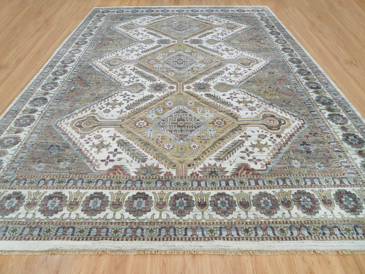 Shiraz Tribal & Geometric hand-knotted wool rug in Ivory & Whisper White, 13'8" x 17'9" — SKU O065817 (view 2)