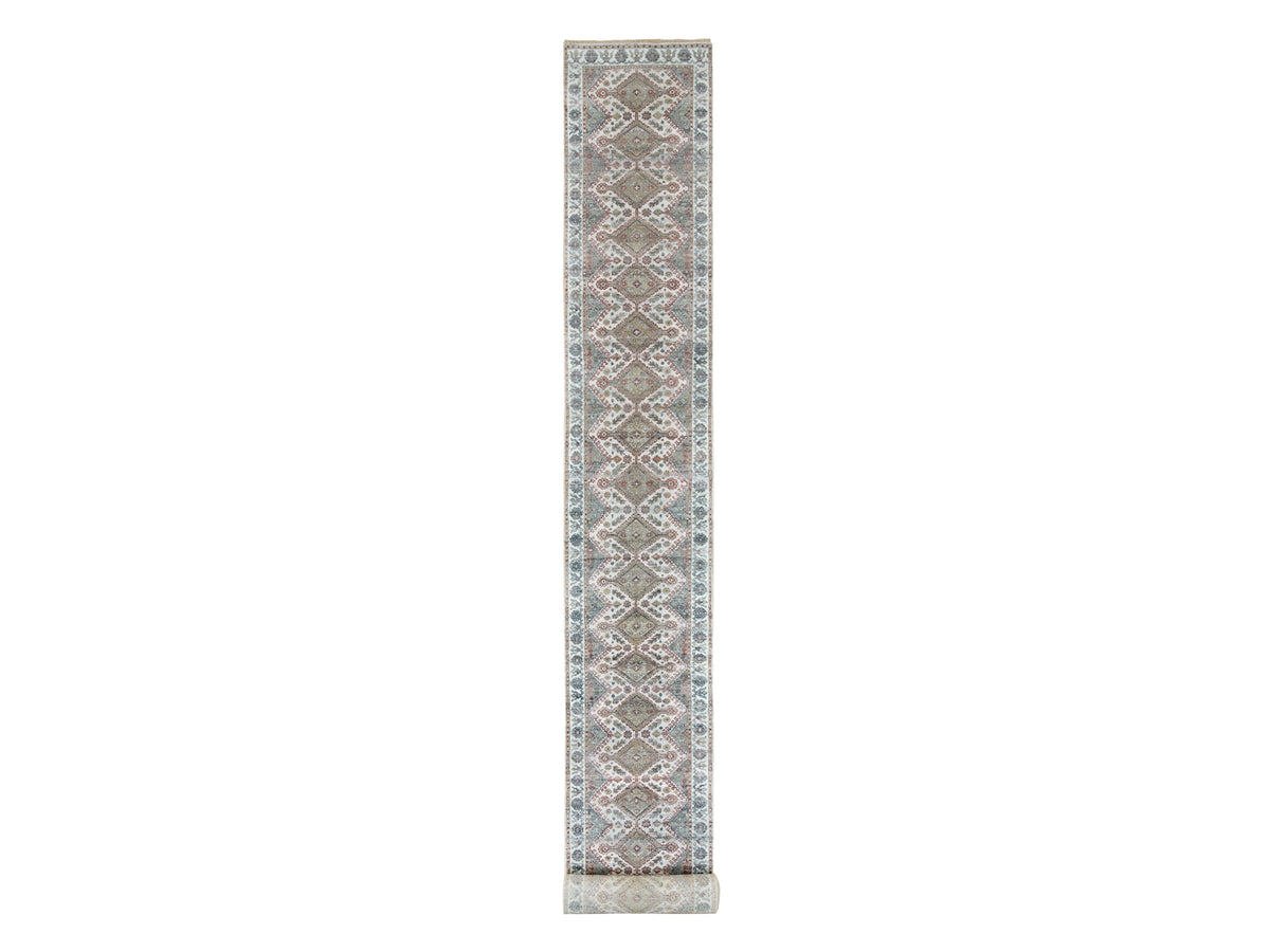 Shiraz Tribal & Geometric hand-knotted wool runner in Ivory & Vista White, 2'7" x 21'9" — SKU O065820