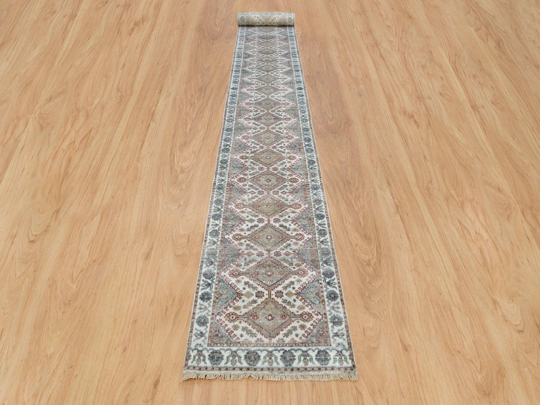 Shiraz Tribal & Geometric hand-knotted wool runner in Ivory & Vista White, 2'7" x 21'9" — SKU O065820 (view 2)