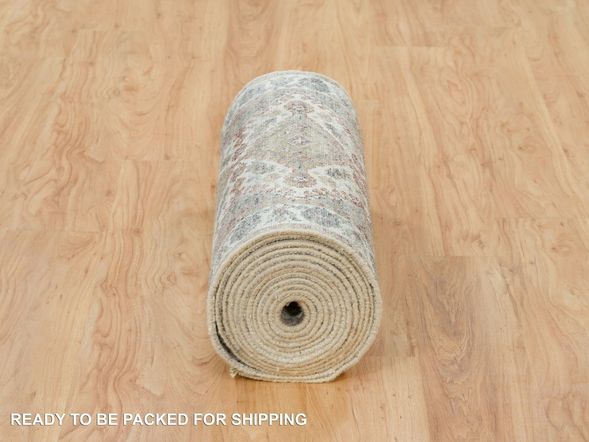 Shiraz Tribal & Geometric hand-knotted wool runner in Ivory & Vista White, 2'7" x 21'9" — SKU O065820 (view 6)