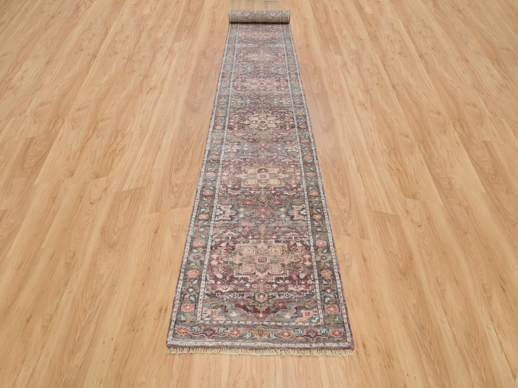 Heriz Tribal & Geometric hand-knotted wool runner in Red & Gray, 2'8" x 21'10" — SKU O065822 (view 2)