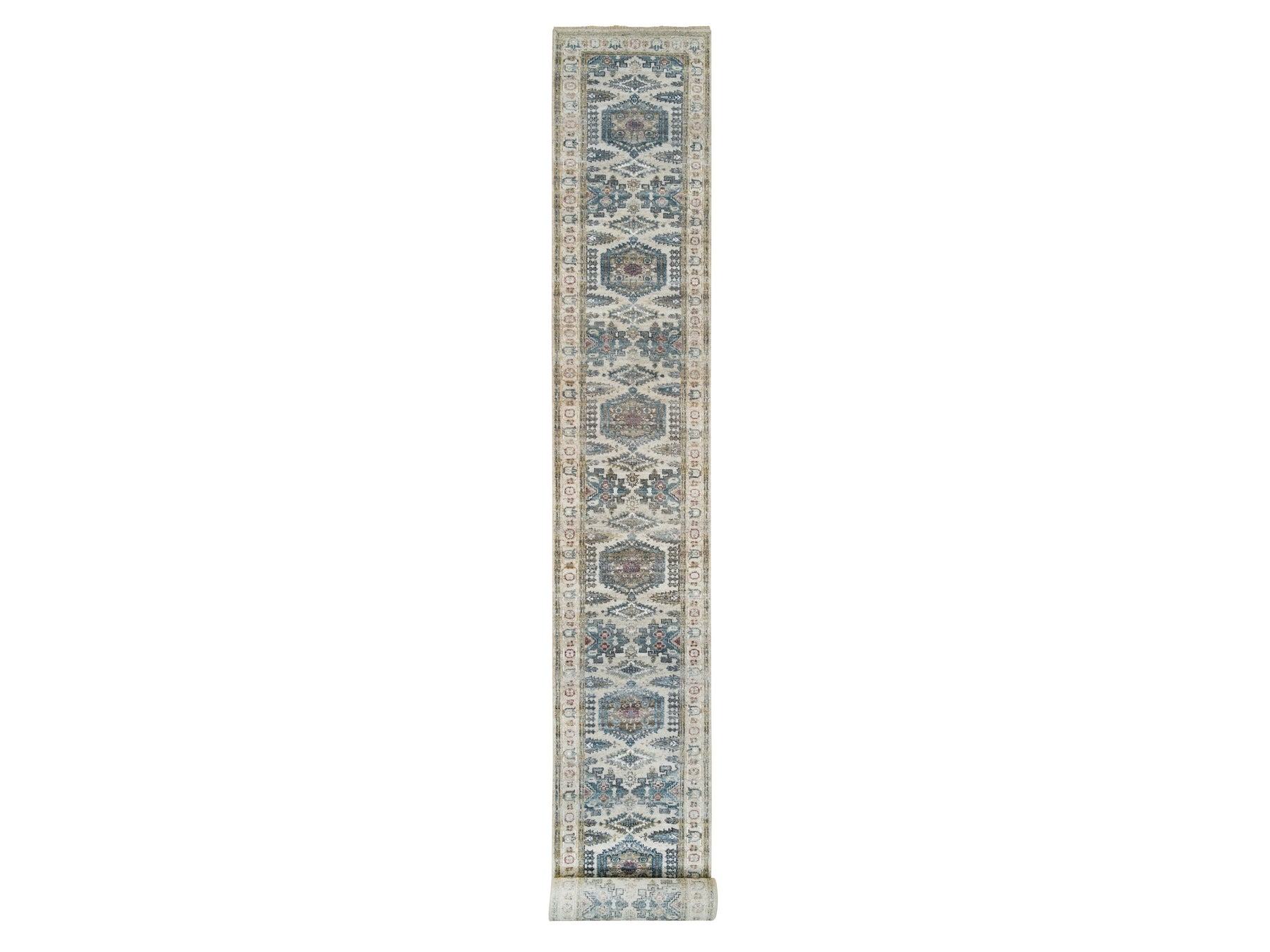 Tribal & Geometric hand-knotted wool runner in Ivory & Floral White, 2'7" x 21'7" — SKU O065823