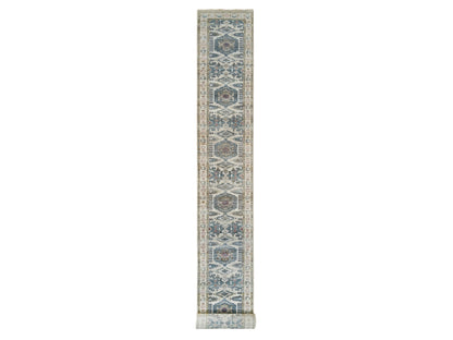 Tribal & Geometric hand-knotted wool runner in Ivory & Floral White, 2'7" x 21'7" — SKU O065823